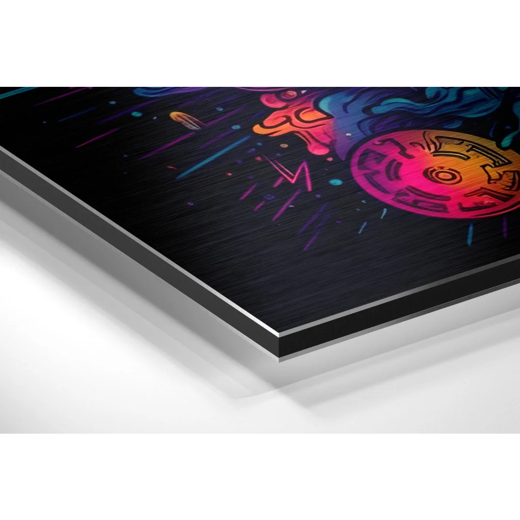 Vibrant neon abstract on brushed aluminium dibond panel