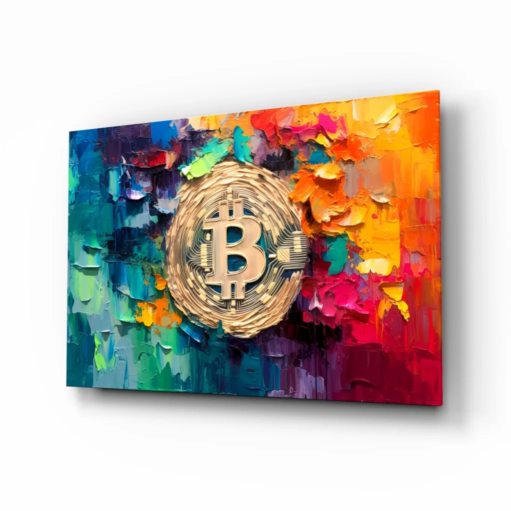 Golden Bitcoin Glass Wall Art with Vibrant Abstract Design | Insigneart USA | vintageantiquesgifts.com
