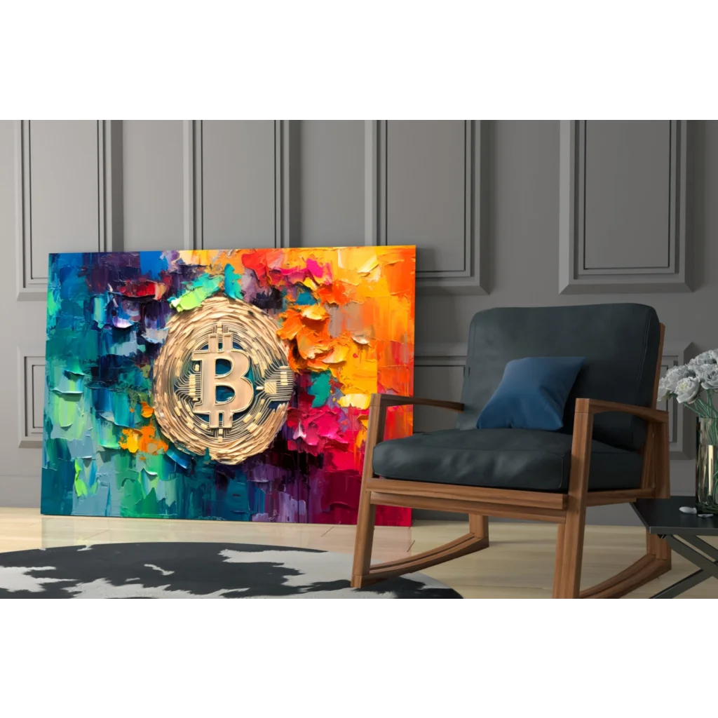 Golden Bitcoin glass wall art with vibrant abstract design
