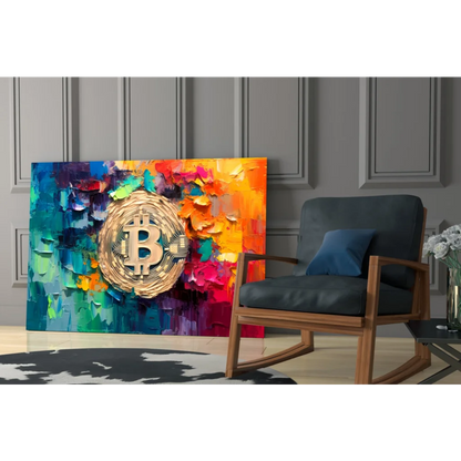 Golden Bitcoin glass wall art with vibrant abstract design