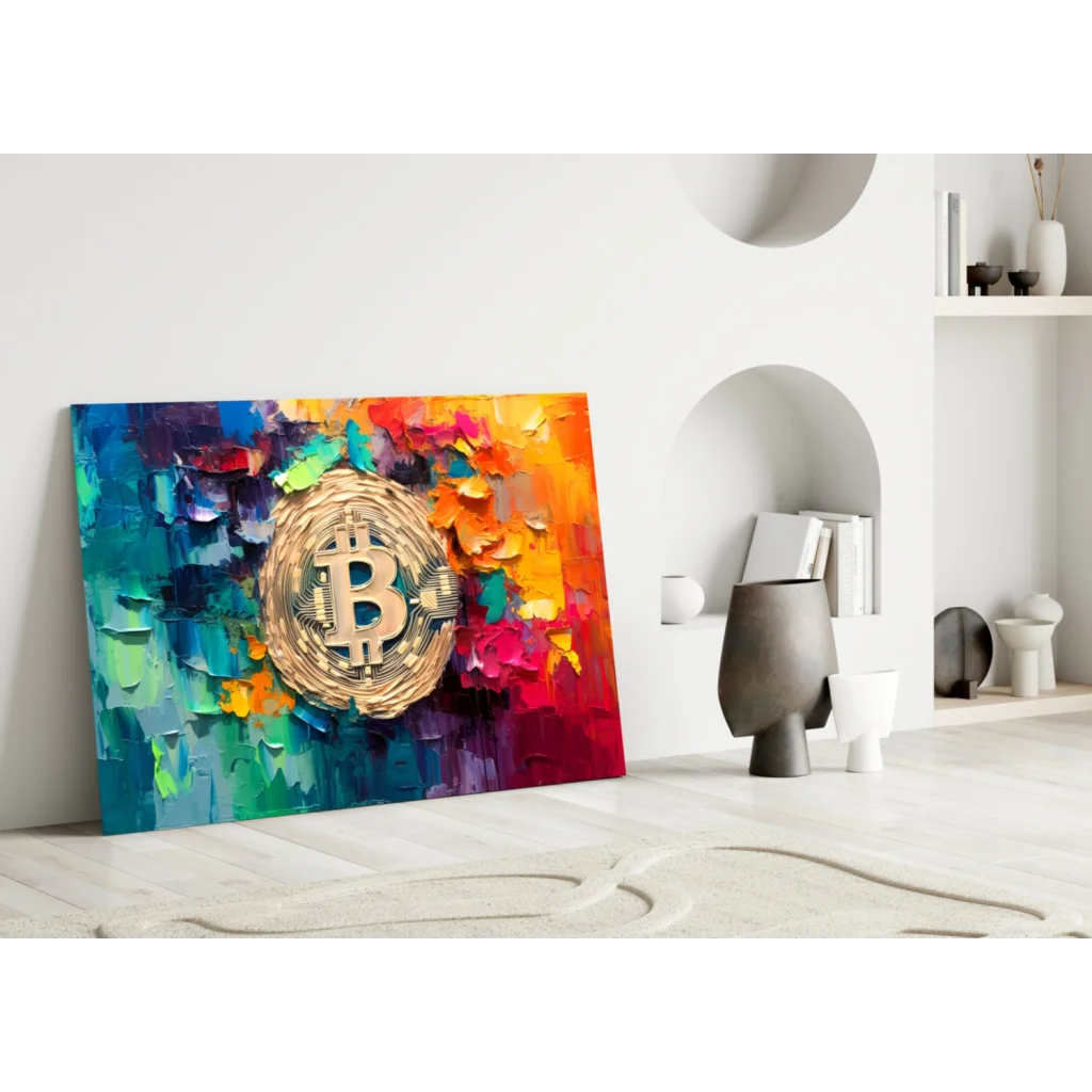 Golden Bitcoin Glass Wall Art with Vibrant Abstract Design | Modern Wall Art Decor | vintageantiquesgifts.com