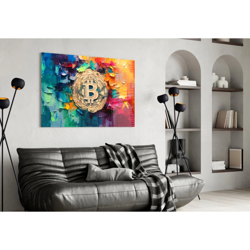 Golden Bitcoin Glass Wall Art with Vibrant Abstract Design | Contemporary Home Wall Art | vintageantiquesgifts.com