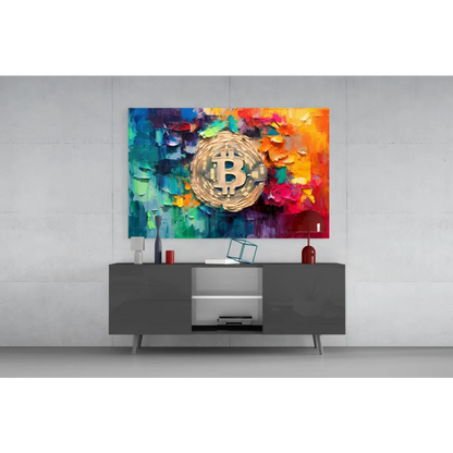 Golden Bitcoin glass wall art with vibrant abstract design