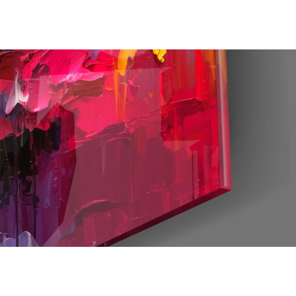 Golden Bitcoin glass wall art with vibrant red pink abstract design