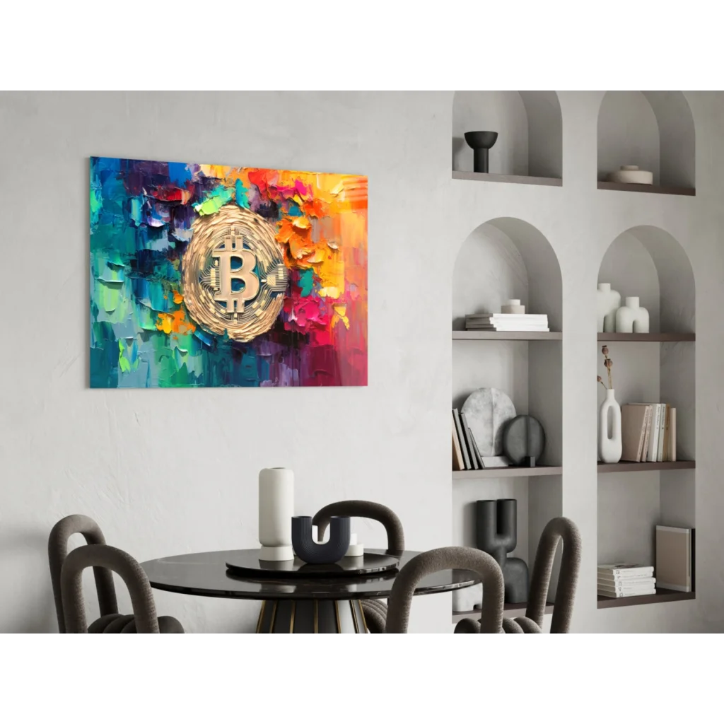 Golden Bitcoin glass wall art with vibrant abstract design