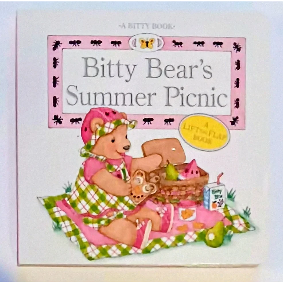 Bitty Baby board book cover: bear picnic with plaid blanket and watermelon