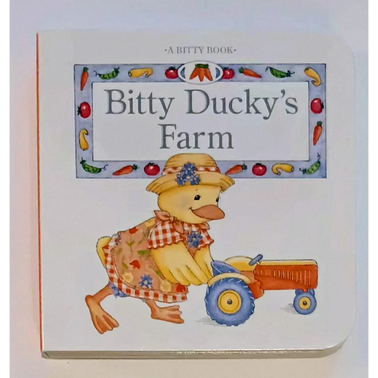Bitty Baby board book cover: ducky in checkered dress drives orange tractor