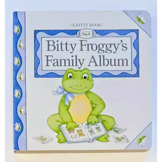 Bitty Baby board book cover with green frog and blue ribbon