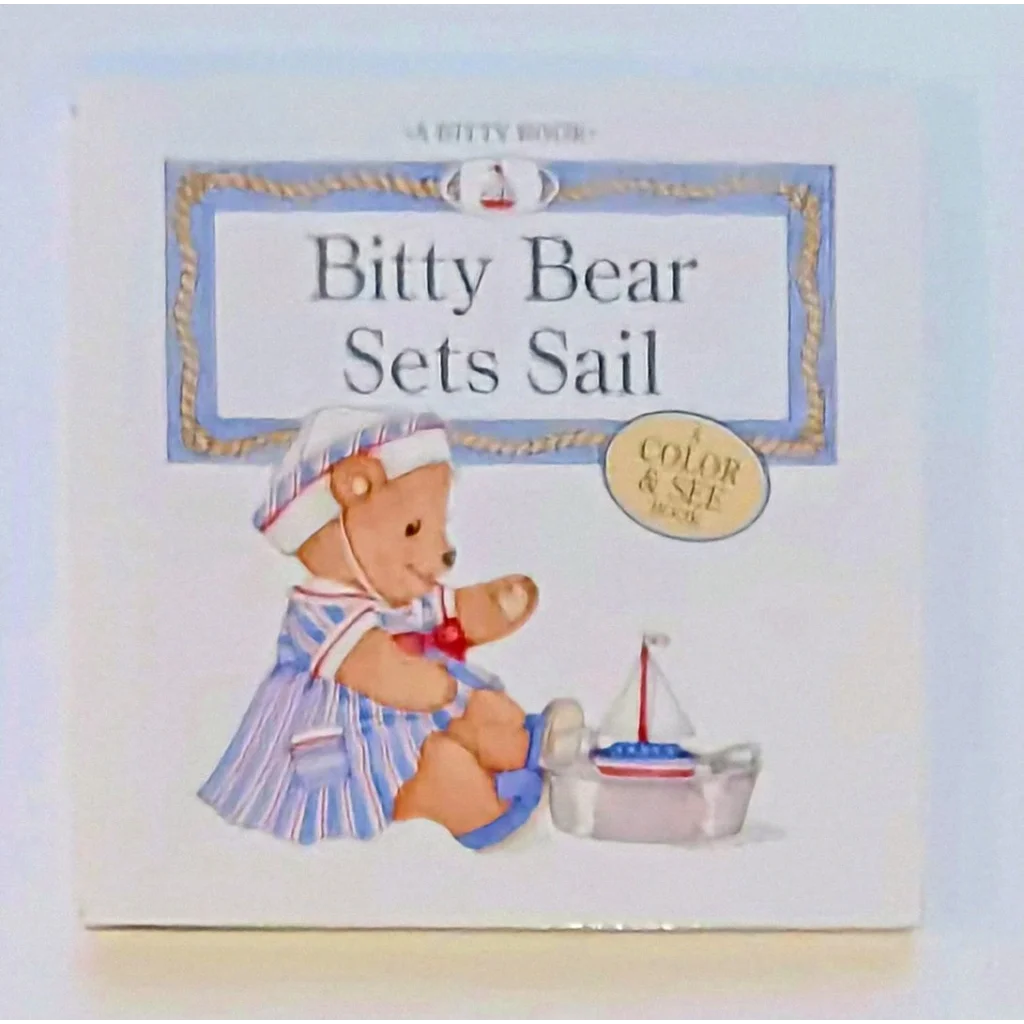 Bitty Bear Sets Sail coloring book cover with teddy in nautical gear on toy boat