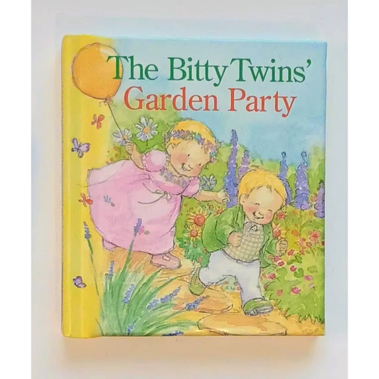 Bitty Twins Garden Party book cover with twins holding flowers and planting seeds