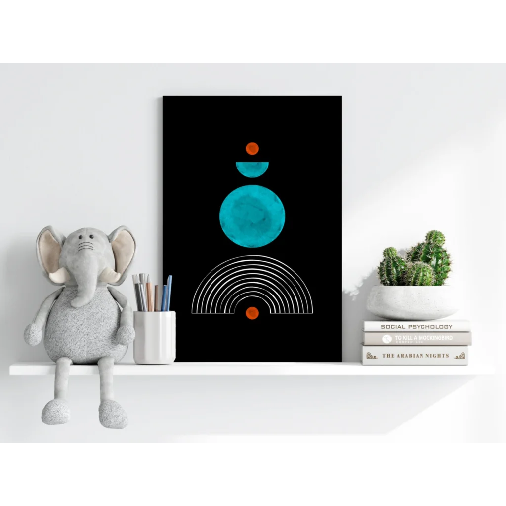 Black abstract art print with teal and orange geometric circles