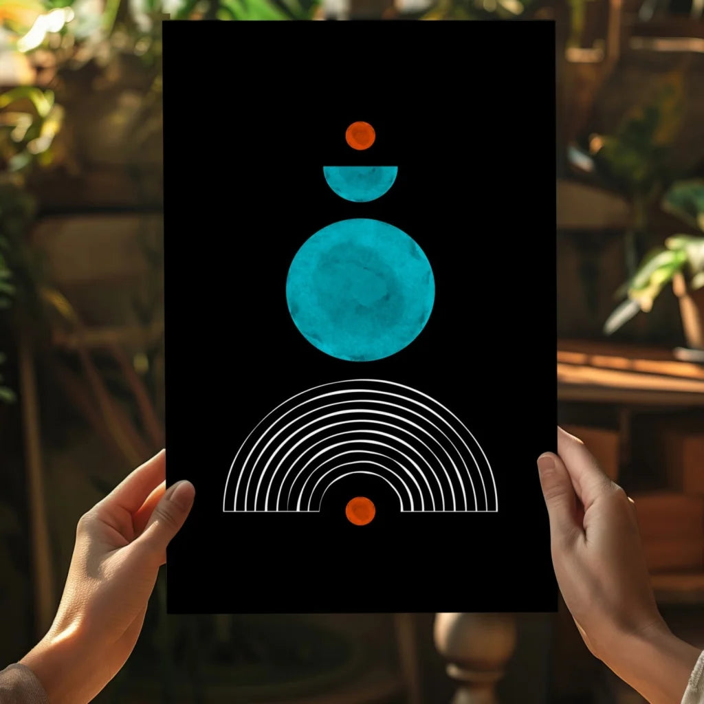 Black abstract art print with teal and orange geometric circles