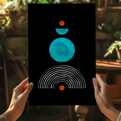 Black abstract art print with teal and orange geometric circles