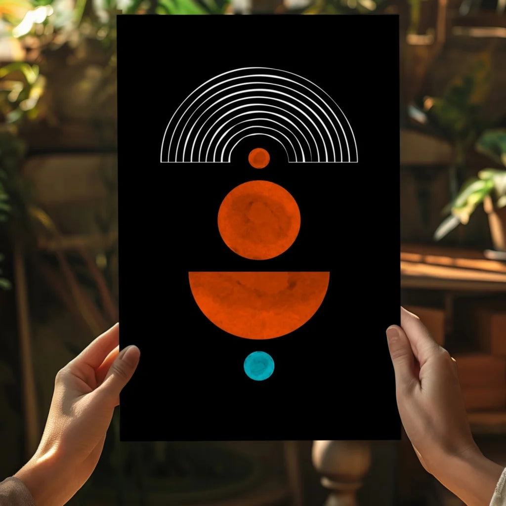 Black abstract circles aluminum print with orange and teal accents