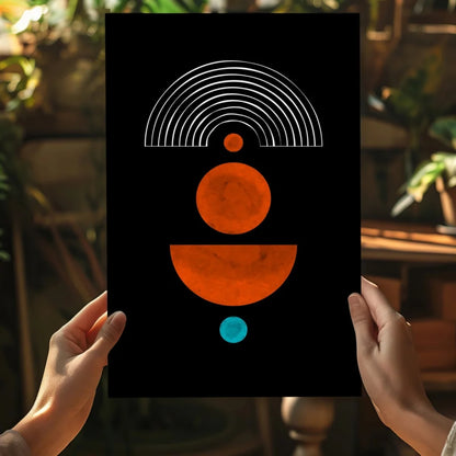 Black abstract circles aluminum print with orange and teal accents