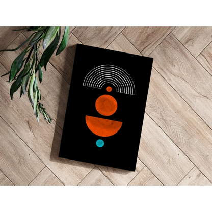 Black abstract circles aluminum print with orange and teal accents