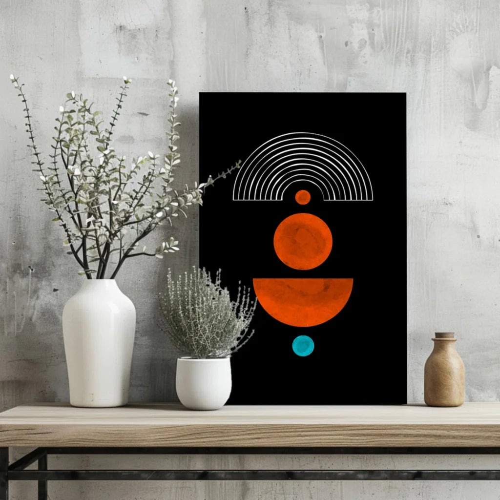 Black abstract circles aluminum print with orange and teal accents on wooden shelf