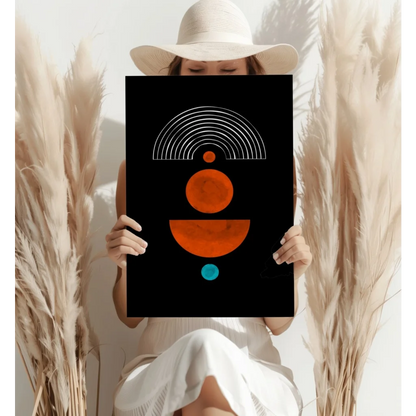 Black abstract circles aluminum print with orange teal accents