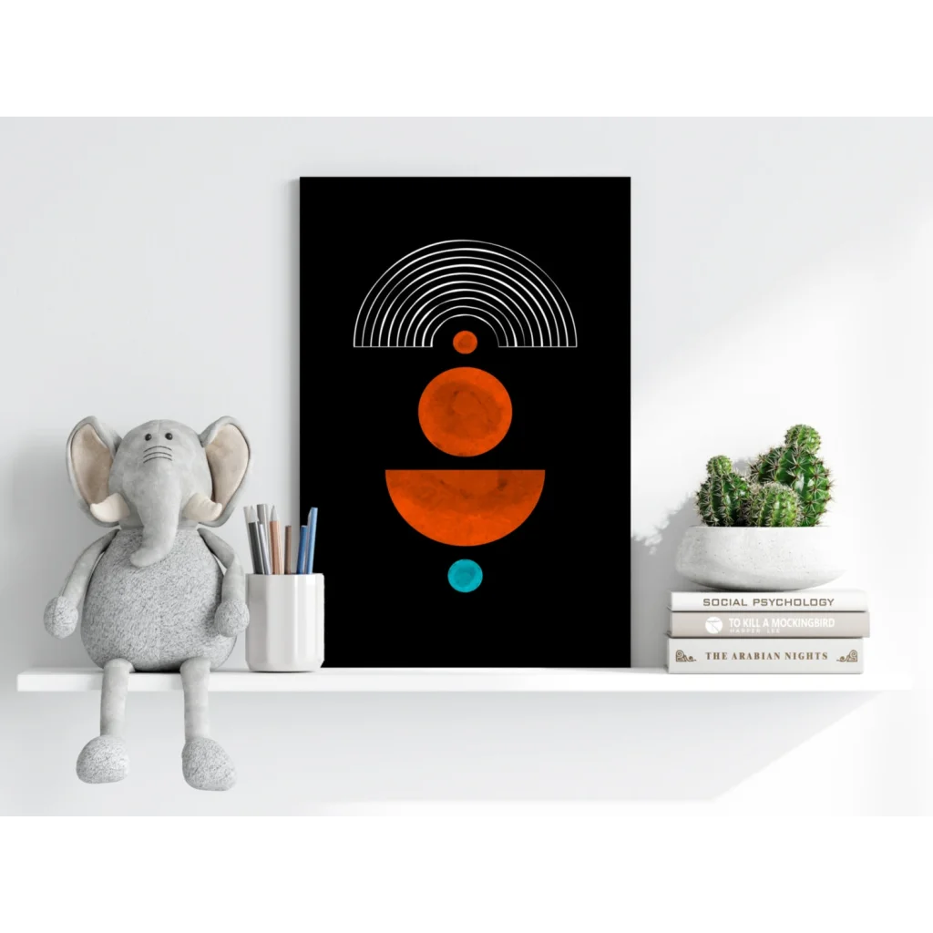Black abstract circles aluminum print with orange and teal accents