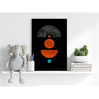 Black abstract circles aluminum print with orange and teal accents