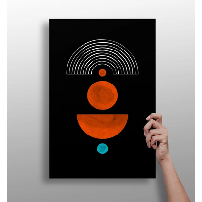 Black abstract circles aluminum print in orange and teal accents