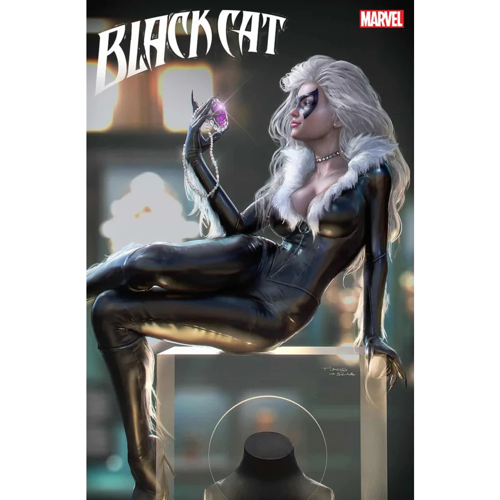 Black Cat Marvel figure in sleek black latex catsuit with white fur trim