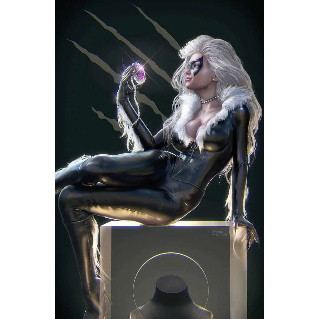 Black Cat Marvel figure in glossy black latex bodysuit with purple gem