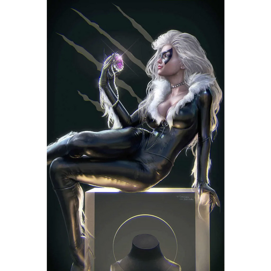 Black Cat Marvel figure in glossy black latex bodysuit with purple gem