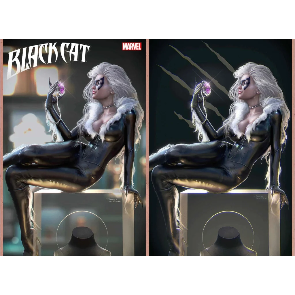 Black Cat Marvel figure in latex catsuit holding purple gem