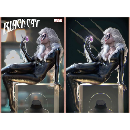 Black Cat Marvel figure in latex catsuit holding purple gem