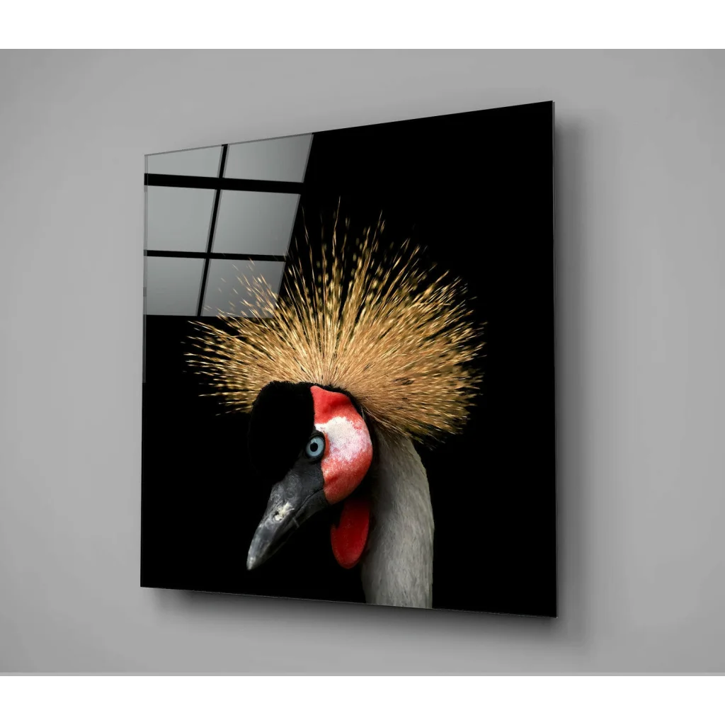 Crowned crane glass wall art with golden feathers and red markings