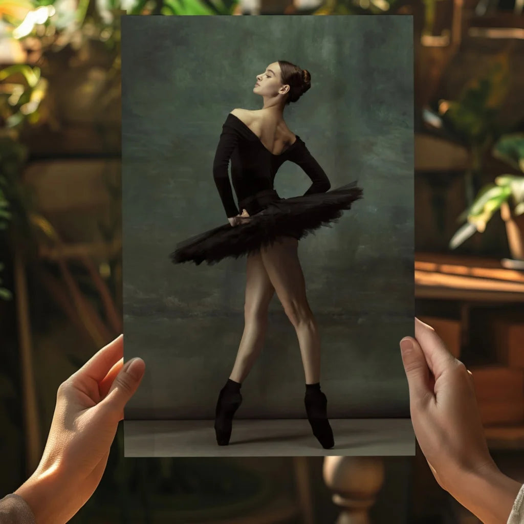 Black feathered tutu ballet dancer in elegant pose on canvas print