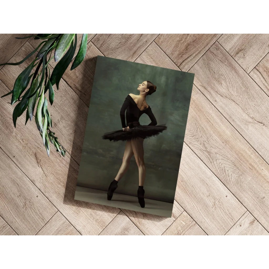 Graceful black ballerina in feathered tutu on canvas print