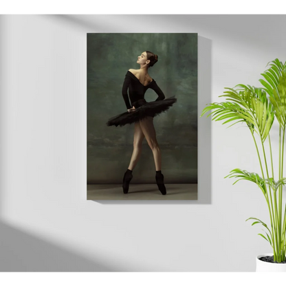 Graceful black ballerina in feathered tutu on canvas print