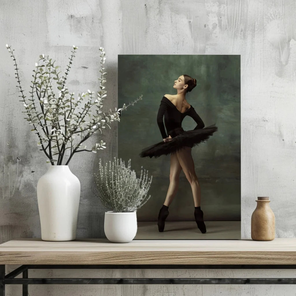 Black feathered tutu ballet dancer portrait on canvas print