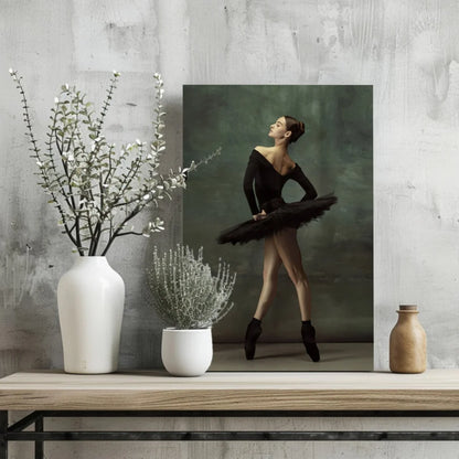 Black feathered tutu ballet dancer portrait on canvas print
