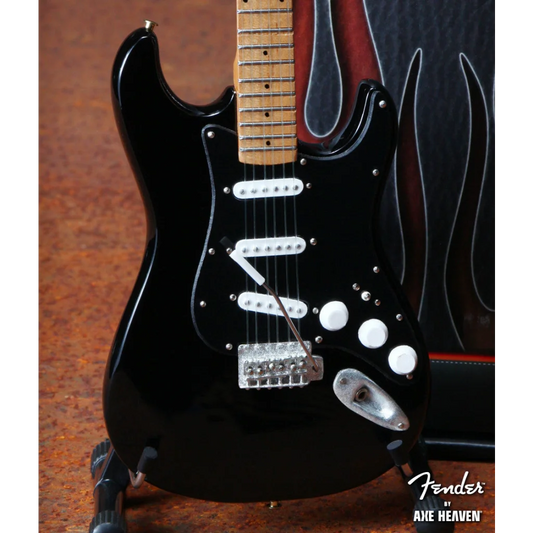 Black Fender Strat Mini Guitar with Maple Neck, White Pickguard & Adjustable A-Frame Stand
