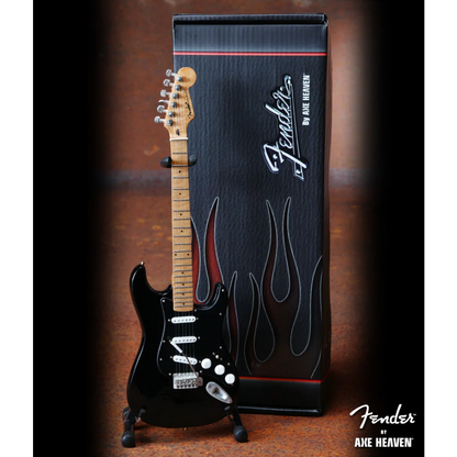 Black Fender Strat mini guitar with flame design and adjustable A-frame stand