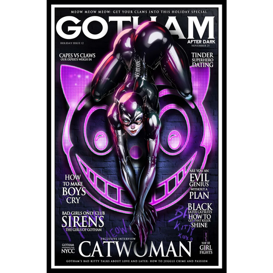Gotham cat burglar magazine cover with Catwoman in black latex suit