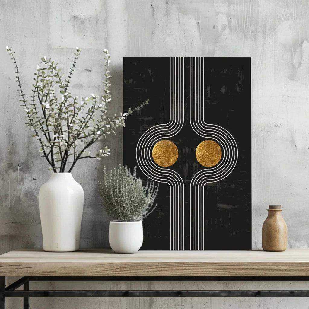Black gold abstract aluminum art print with circles on wood table