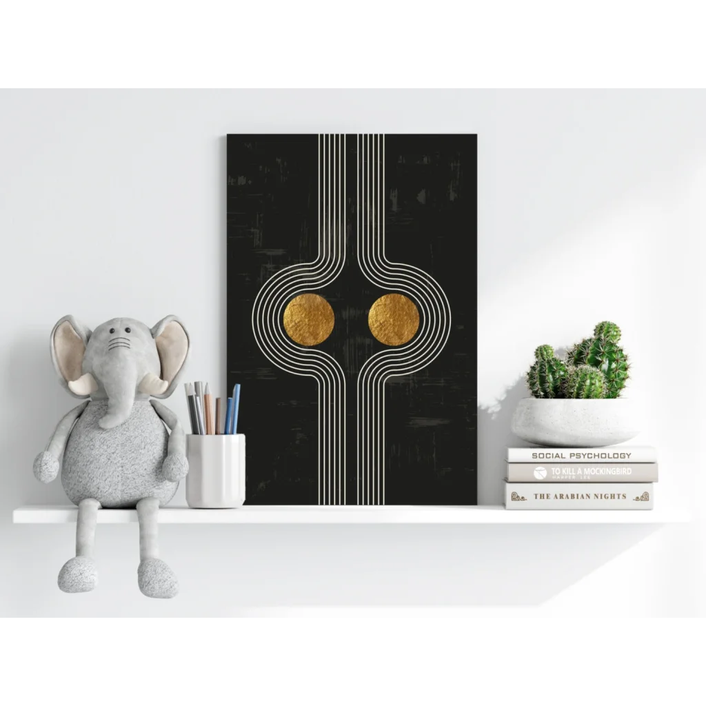 Black gold abstract aluminum art print with white lines, modern vibe