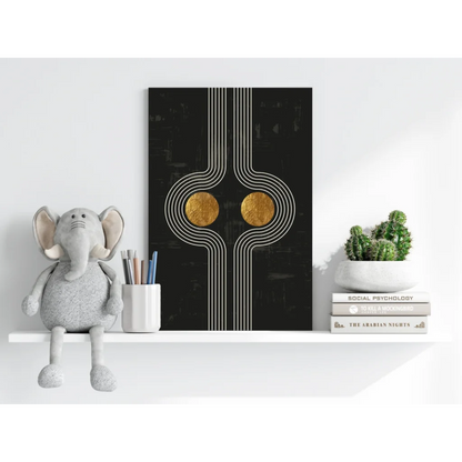 Black gold abstract aluminum art print with white lines, modern vibe