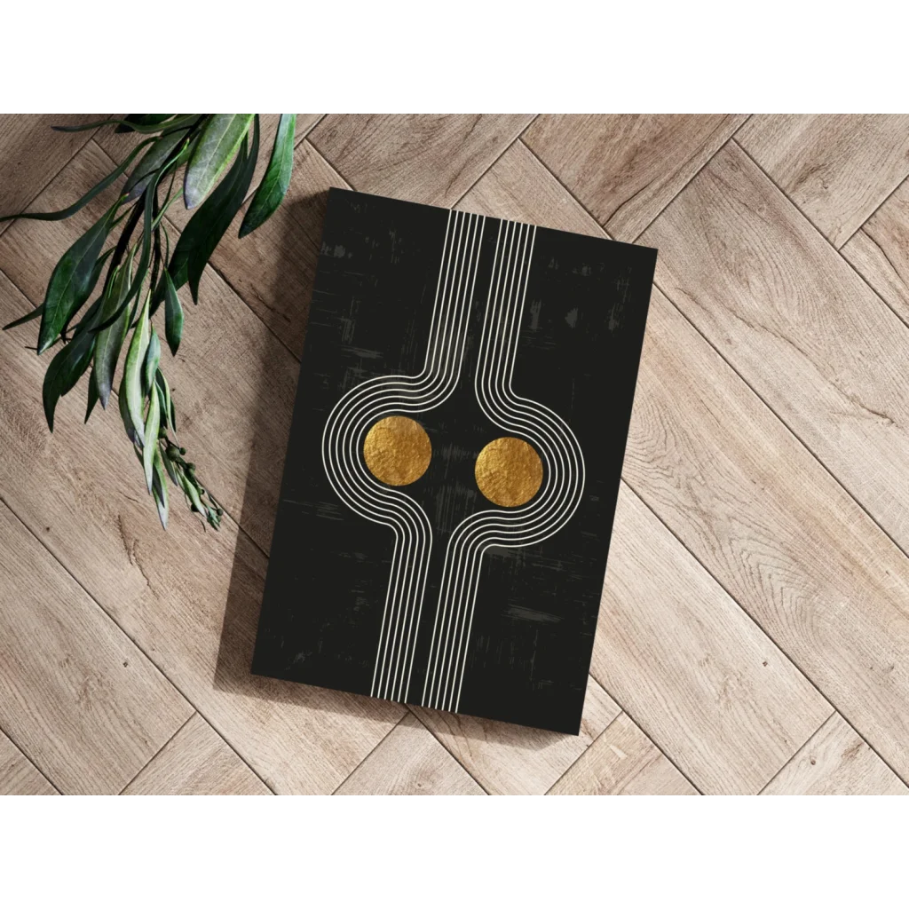 Black gold abstract aluminum art print with white lines on wooden floor