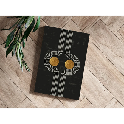 Black gold abstract aluminum art print with white lines on wooden floor