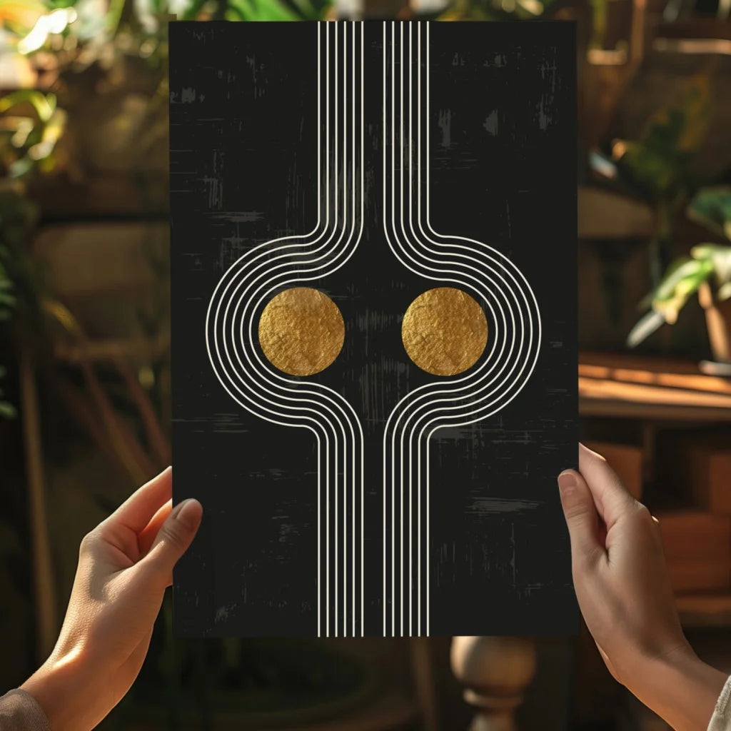 Black gold abstract aluminum art print with white lines, modern vibe