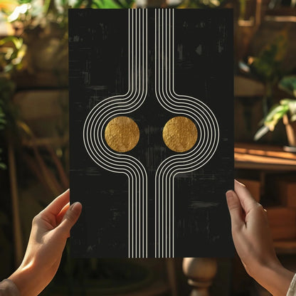 Black gold abstract aluminum art print with white lines, modern vibe