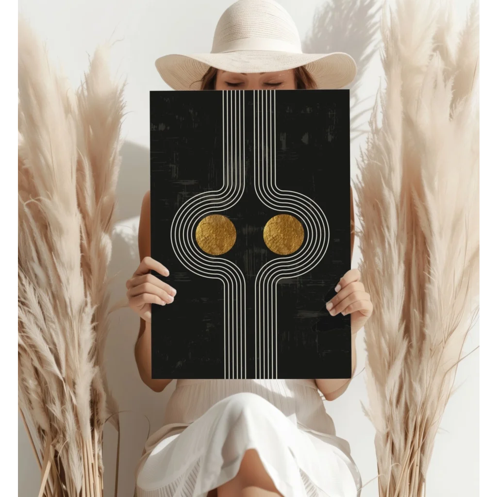 Black gold abstract aluminum art print with white lines