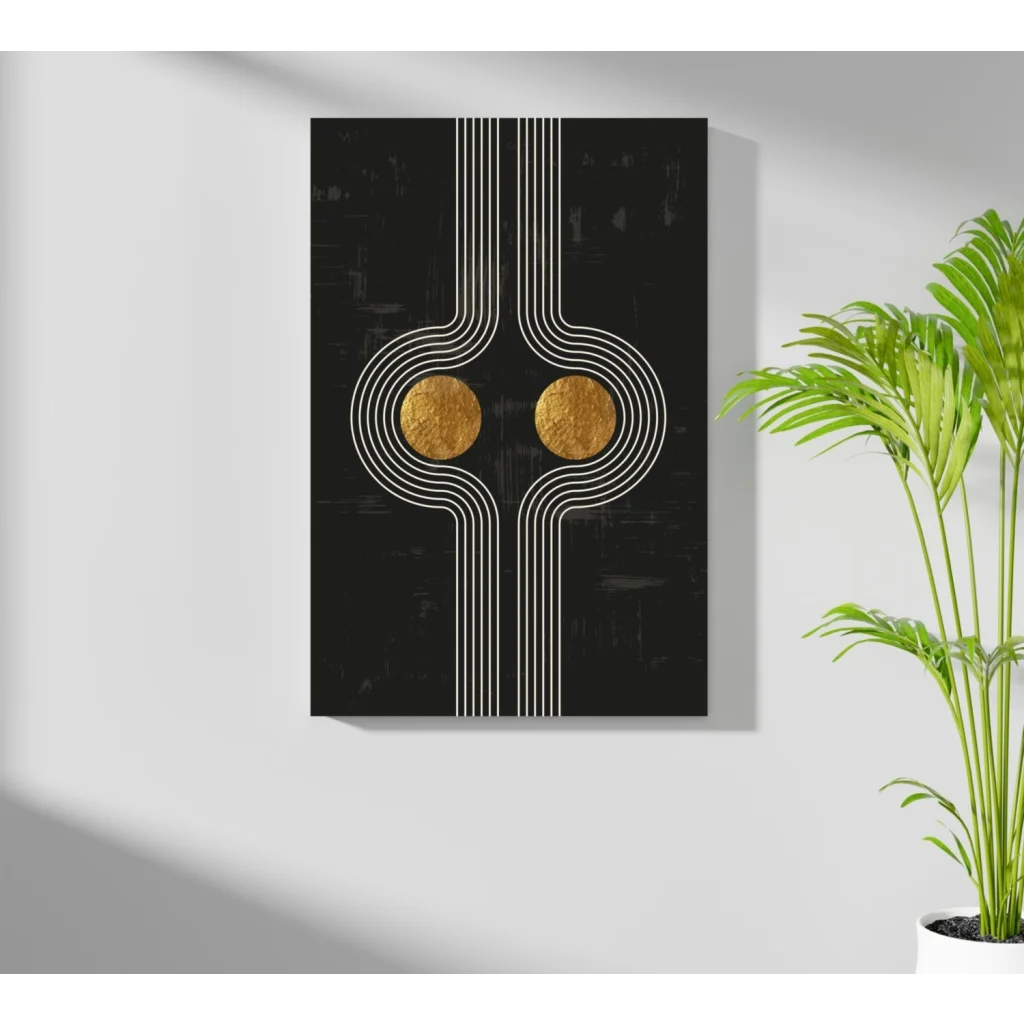 Black gold abstract aluminum art print with white lines, modern vibe