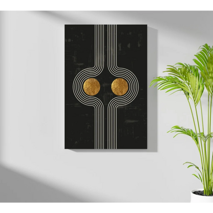 Black gold abstract aluminum art print with white lines, modern vibe