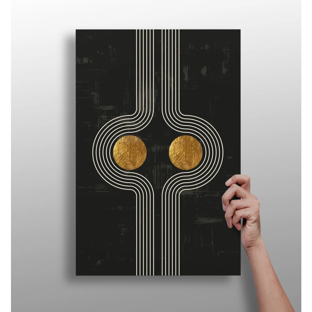 Black gold abstract aluminum art print with white lines, modern vibe